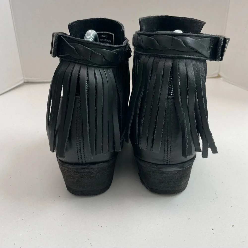 Harley Davidson Boots Amory Heeled Leather Ankle Fringe Buckle Braided Black - Picture 5 of 16